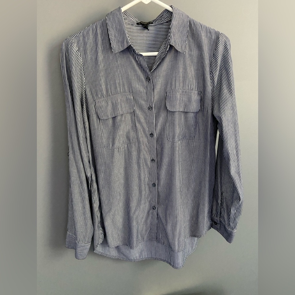 Express Navy and White Pin-Striped Blouse